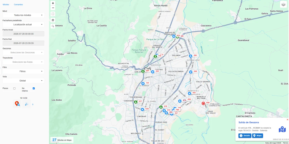 Tablero de Regisruta GPS con la flota en tiempo real sobre el mapa