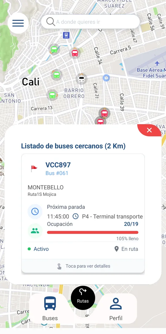 Pantalla de la app SIUR para pasajeros